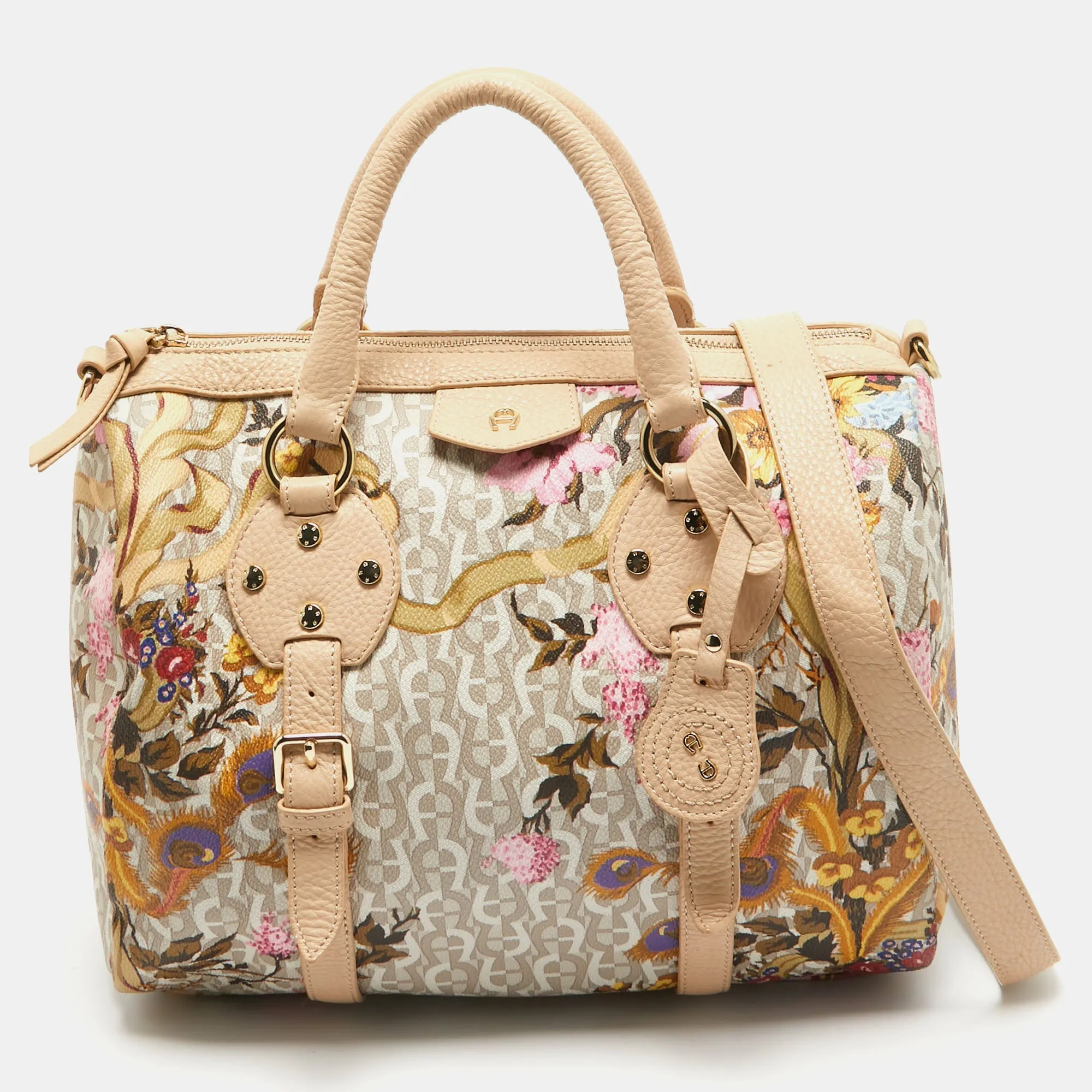 AIGNER Beige/Multicolor Signature Floral Print PVC Satchel