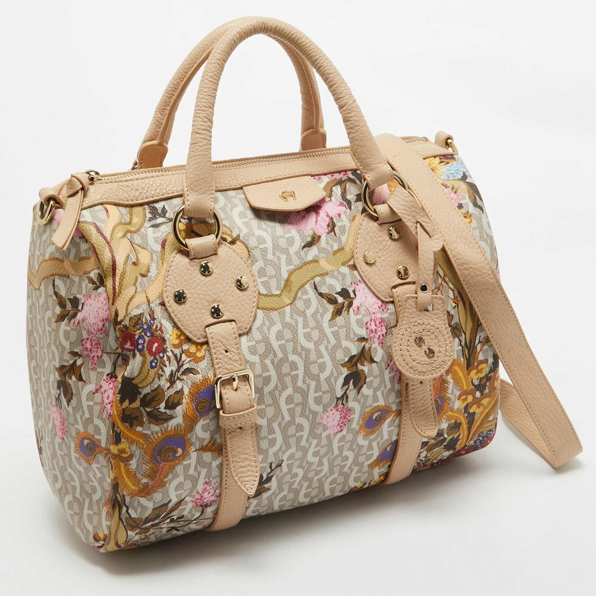 AIGNER Beige/Multicolor Signature Floral Print PVC Satchel