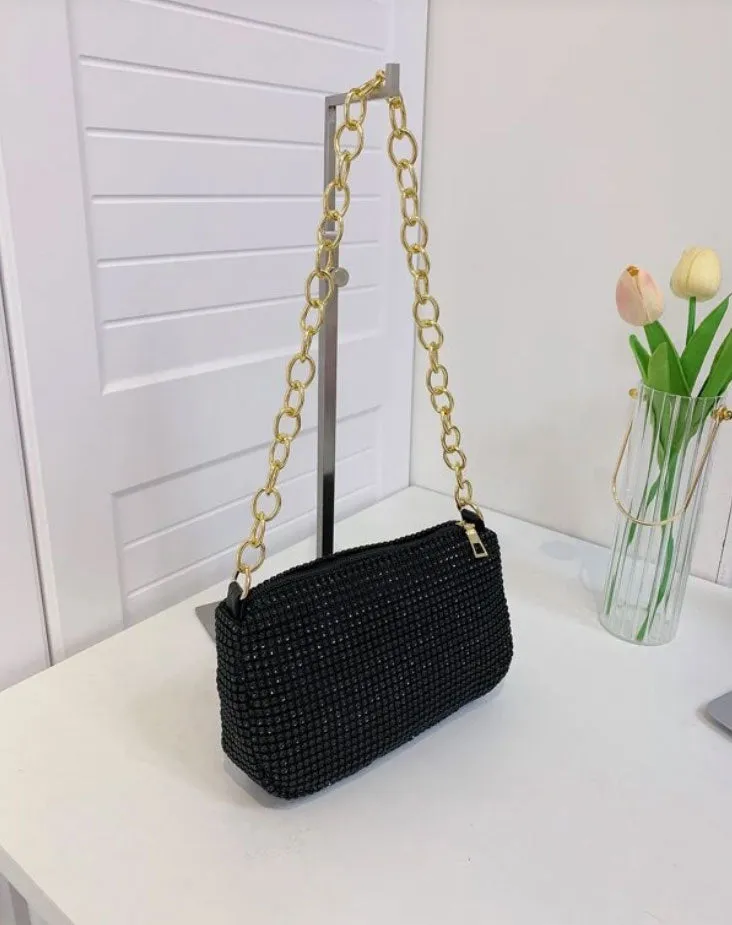 Black Rhinestone Decor Golden Metal Chain Square Bag