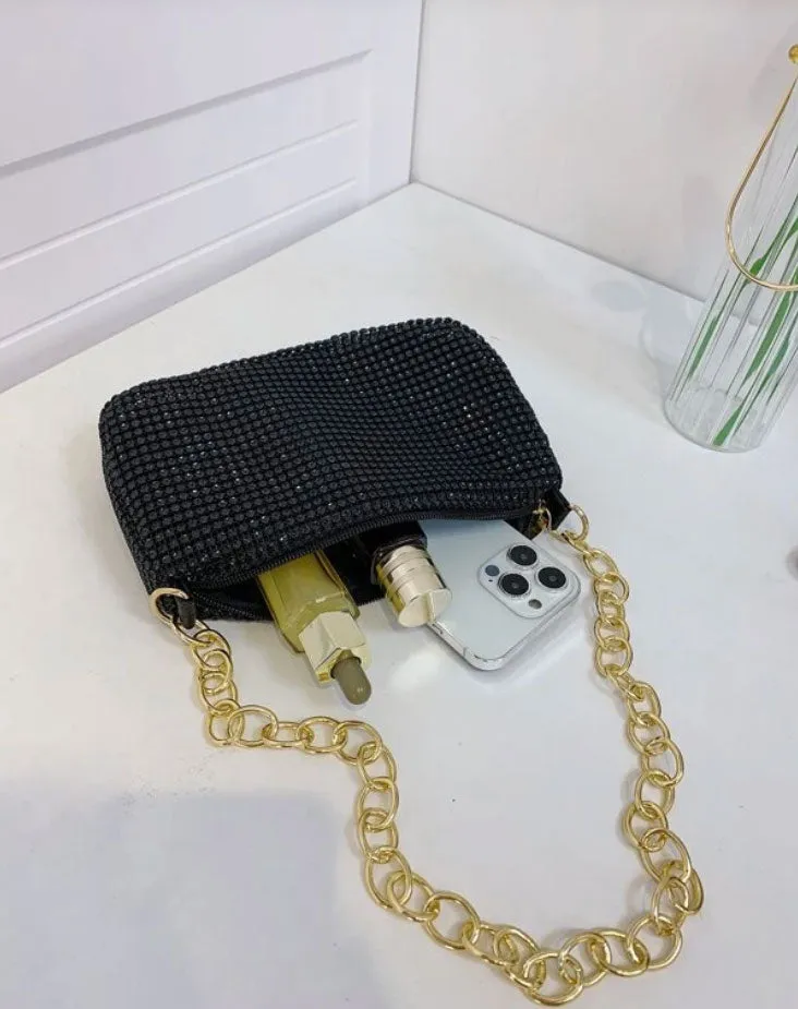 Black Rhinestone Decor Golden Metal Chain Square Bag