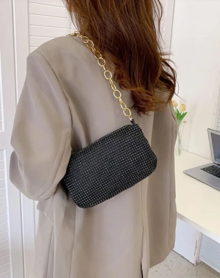 Black Rhinestone Decor Golden Metal Chain Square Bag