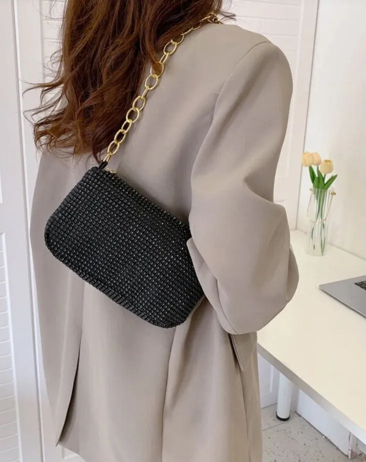 Black Rhinestone Decor Golden Metal Chain Square Bag