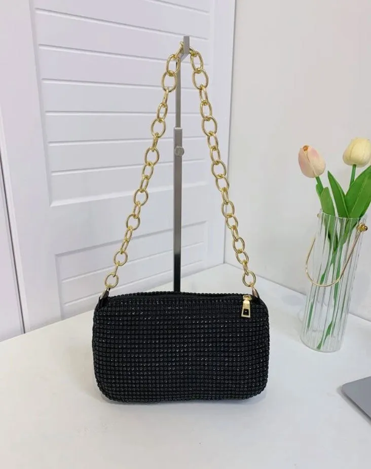 Black Rhinestone Decor Golden Metal Chain Square Bag