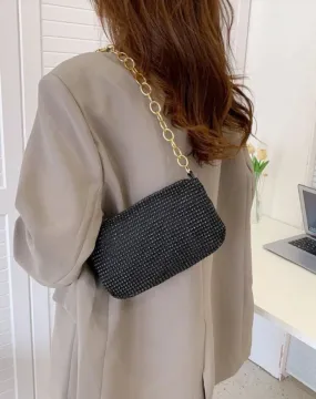 Black Rhinestone Decor Golden Metal Chain Square Bag