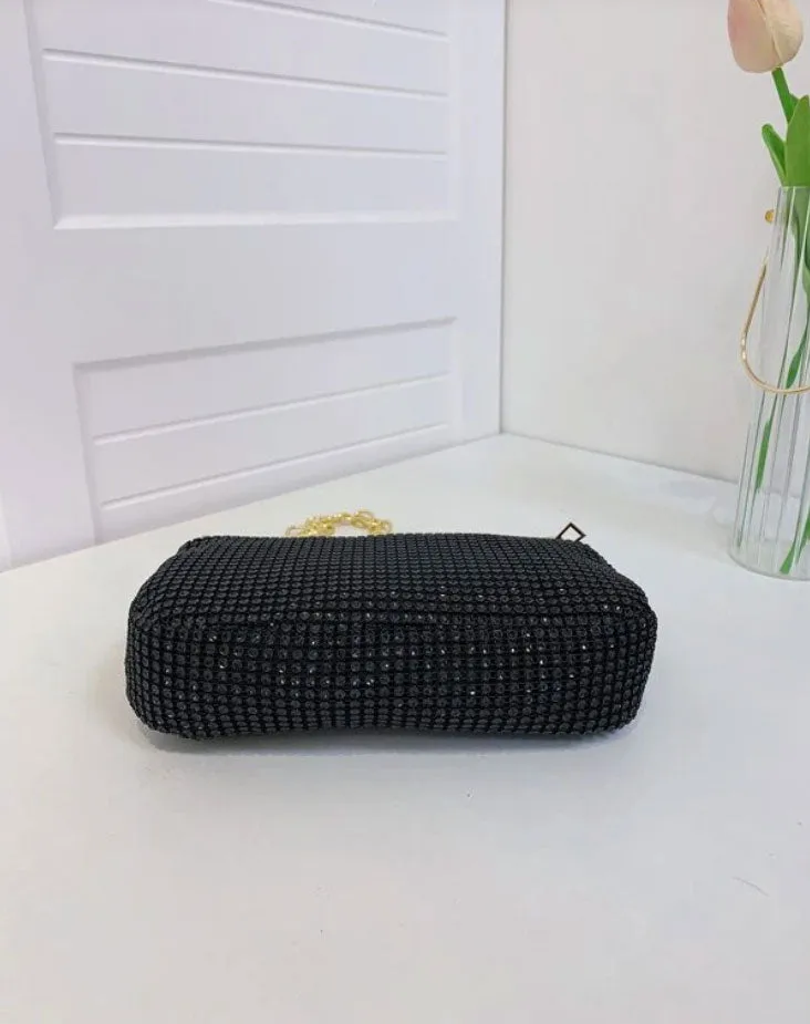 Black Rhinestone Decor Golden Metal Chain Square Bag