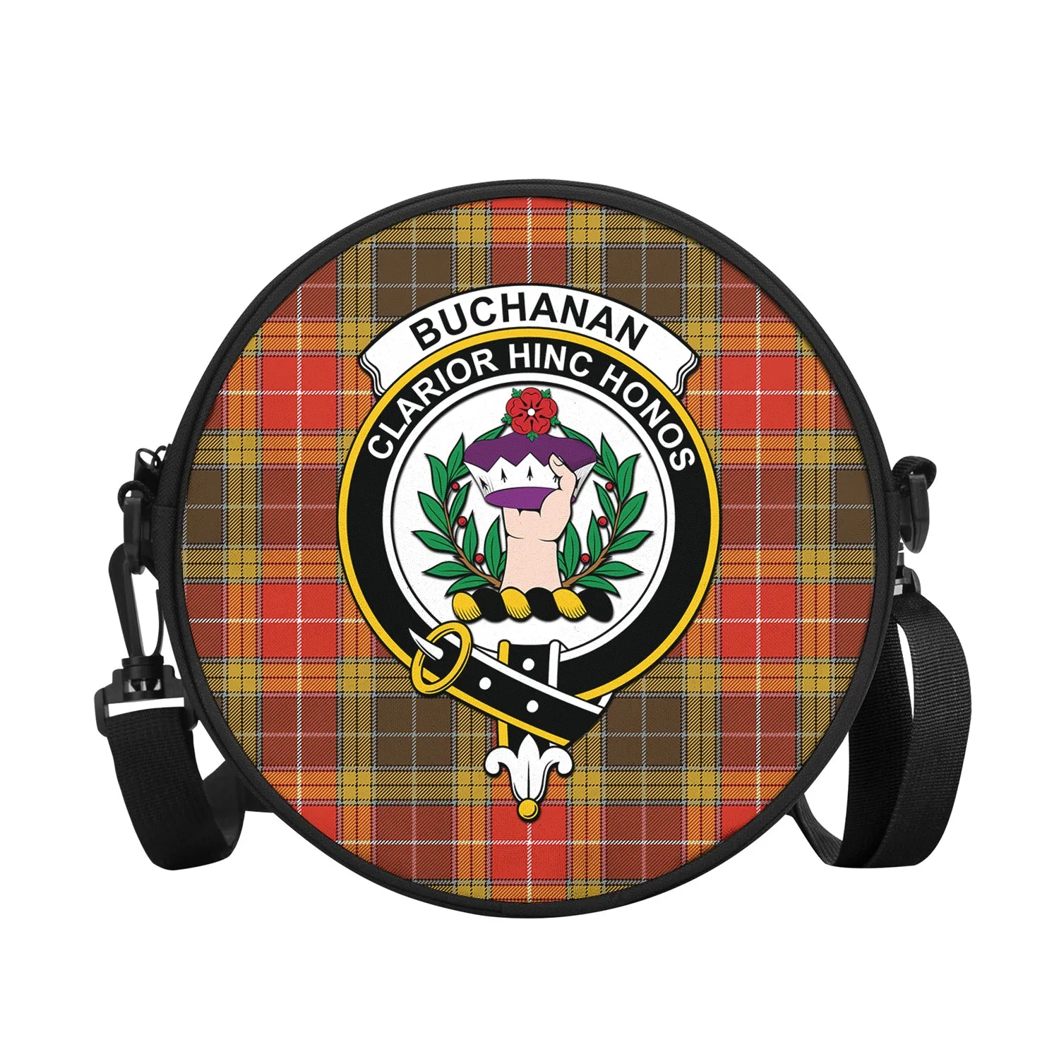 Buchanan Old Set Weathered Tartan Round Satchel Bags with Family Crest