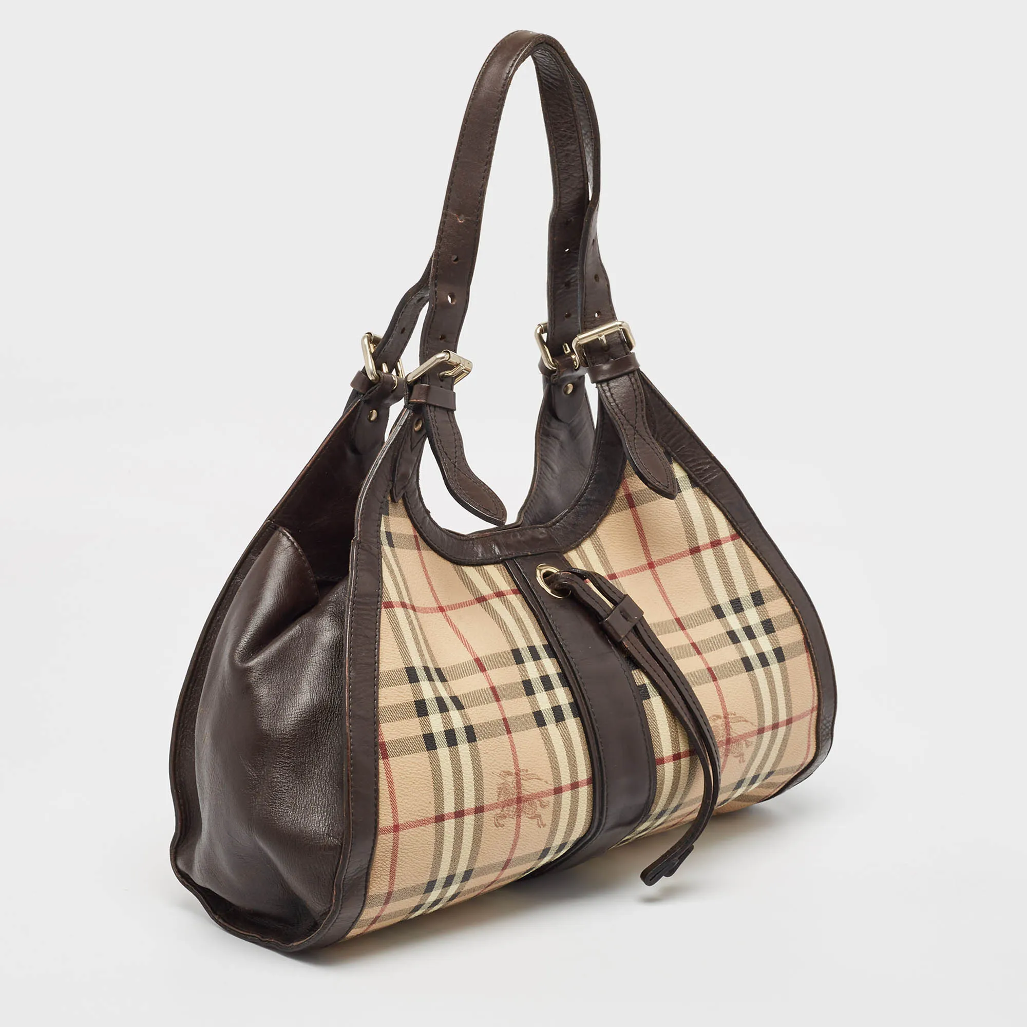 BURBERRY Brown/Beige Haymarket Check Coated Canvas Tassel Satchel