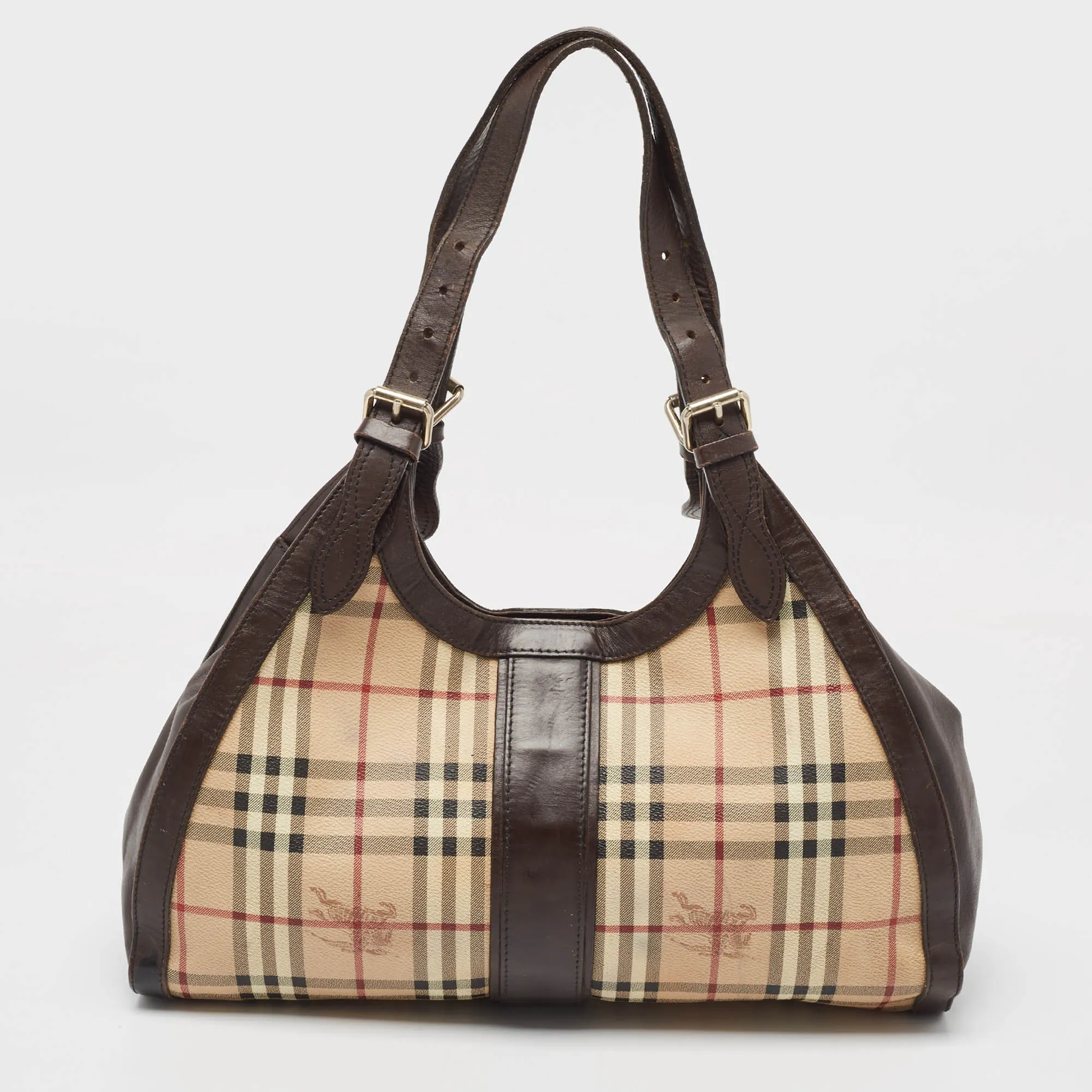 BURBERRY Brown/Beige Haymarket Check Coated Canvas Tassel Satchel