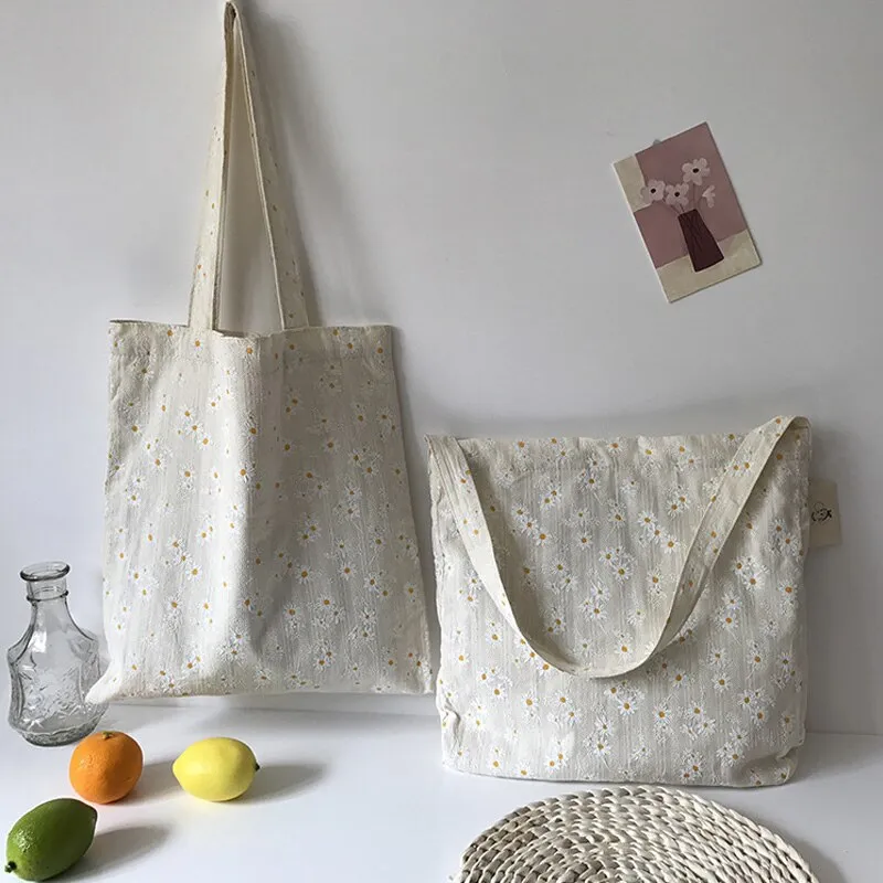 Christmas Gift Women Canvas Shoulder Bags Embossed Daisy Design Ladies Floral Handbag Casual Tote Literary Books Bag Shopping Bag For Girls