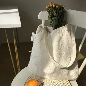 Christmas Gift Women Canvas Shoulder Bags Embossed Daisy Design Ladies Floral Handbag Casual Tote Literary Books Bag Shopping Bag For Girls