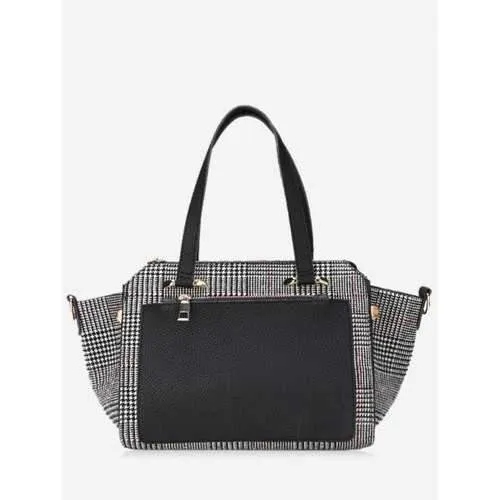 Color Block Plaid Handbag With Strap - Black