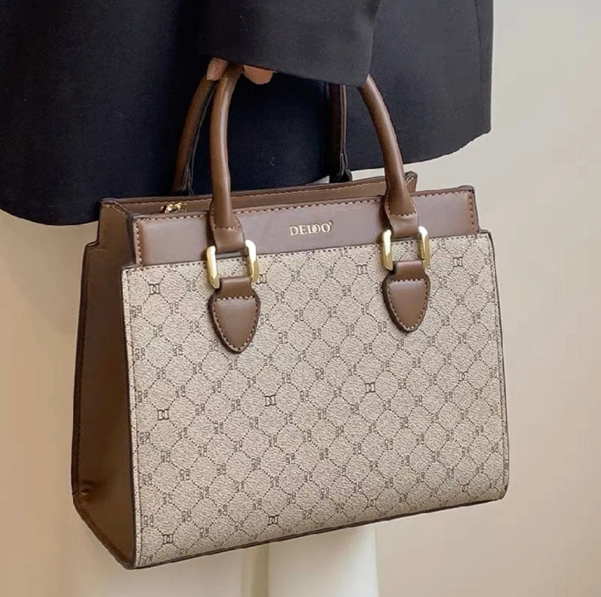 Cute Brown Minimalist Geometric Pattern Monogram Luxury Faux Leather PVC Large Capacity Handbag for Women, Shoulder Bag, Crossbody Bag