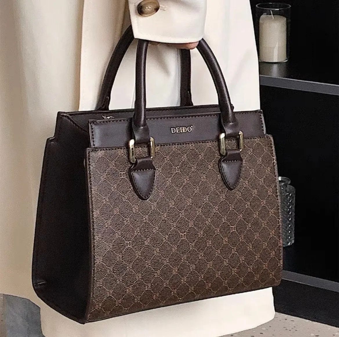 Cute Brown Minimalist Geometric Pattern Monogram Luxury Faux Leather PVC Large Capacity Handbag for Women, Shoulder Bag, Crossbody Bag