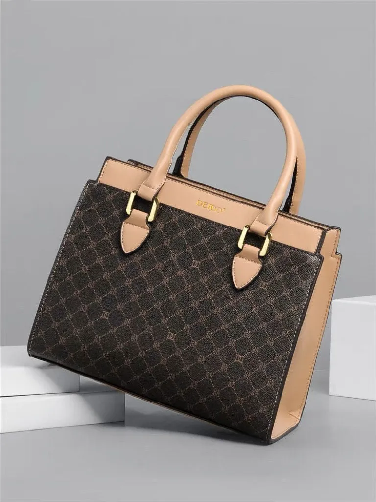 Cute Brown Minimalist Geometric Pattern Monogram Luxury Faux Leather PVC Large Capacity Handbag for Women, Shoulder Bag, Crossbody Bag