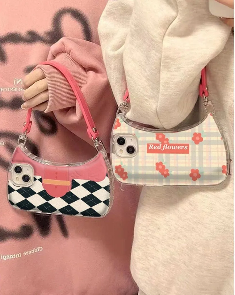 Cute Leopard Plaid Handbag Purse Shaped Handle Strap Protective Shockproof iPhone Case for iPhone 11 12 13 14 X XR XS Pro Max