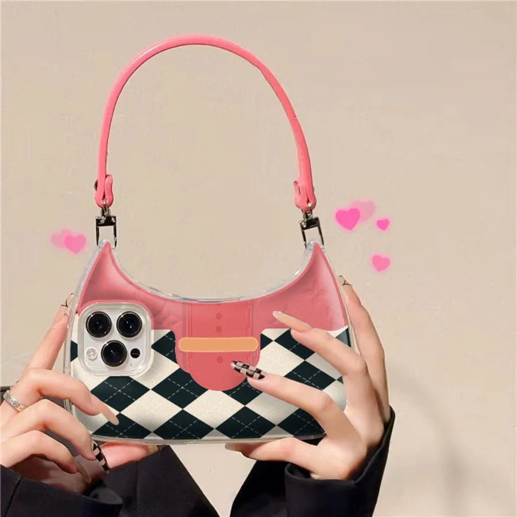 Cute Leopard Plaid Handbag Purse Shaped Handle Strap Protective Shockproof iPhone Case for iPhone 11 12 13 14 X XR XS Pro Max