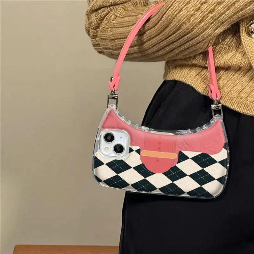 Cute Leopard Plaid Handbag Purse Shaped Handle Strap Protective Shockproof iPhone Case for iPhone 11 12 13 14 X XR XS Pro Max