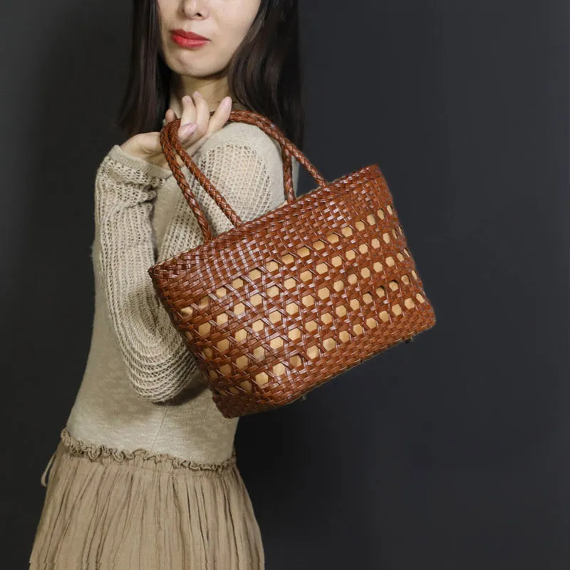 Elegant Ladies Woven Leather Tote Bag Shoulder Handbags For Women