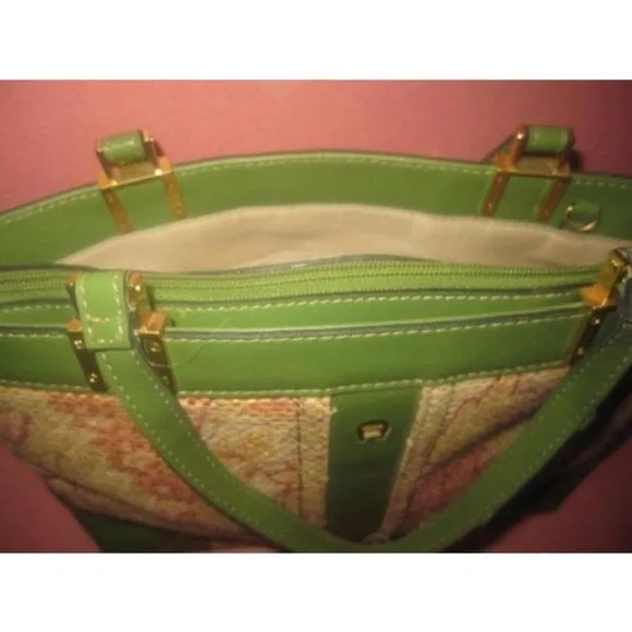 Etienne Aigner, vintage, pink floral design raffia and olive green leather, satchel style purse with gold!