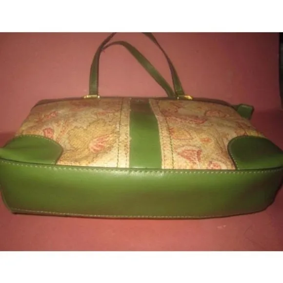 Etienne Aigner, vintage, pink floral design raffia and olive green leather, satchel style purse with gold!