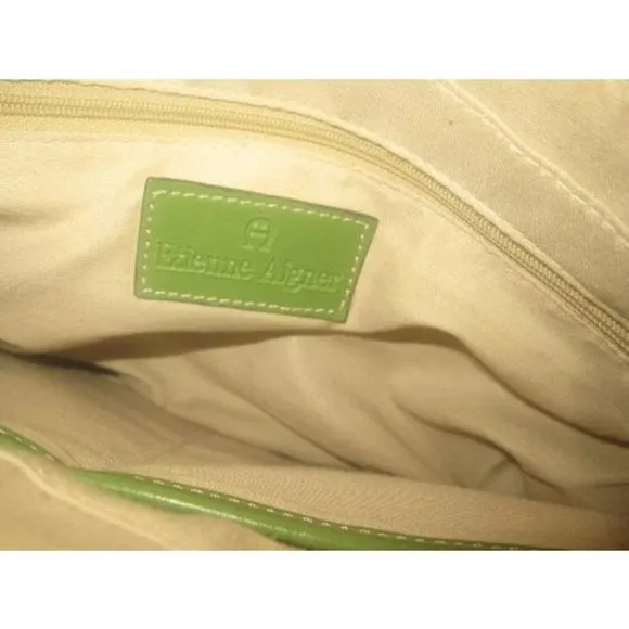 Etienne Aigner, vintage, pink floral design raffia and olive green leather, satchel style purse with gold!
