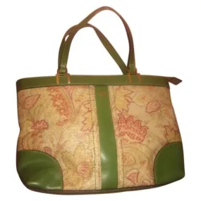 Etienne Aigner, vintage, pink floral design raffia and olive green leather, satchel style purse with gold!