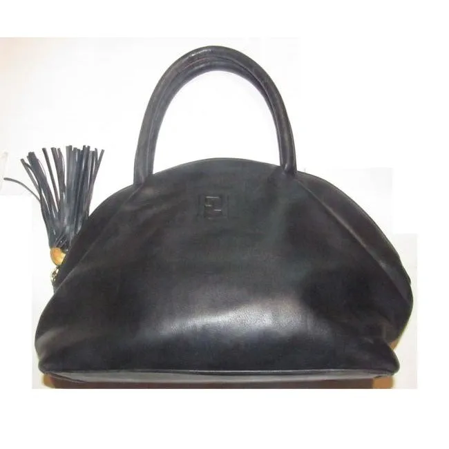 Fendi Early Top Handle Purse Navy Blue Leather With Quilted Ff Logo And Tassel Accent Satchel
