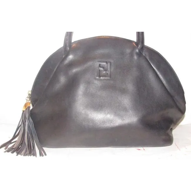 Fendi Early Top Handle Purse Navy Blue Leather With Quilted Ff Logo And Tassel Accent Satchel