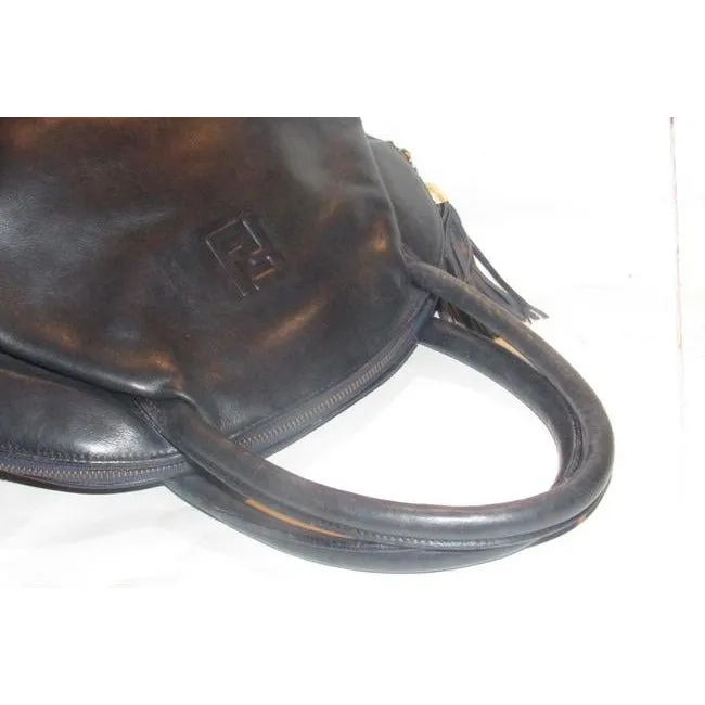 Fendi Early Top Handle Purse Navy Blue Leather With Quilted Ff Logo And Tassel Accent Satchel