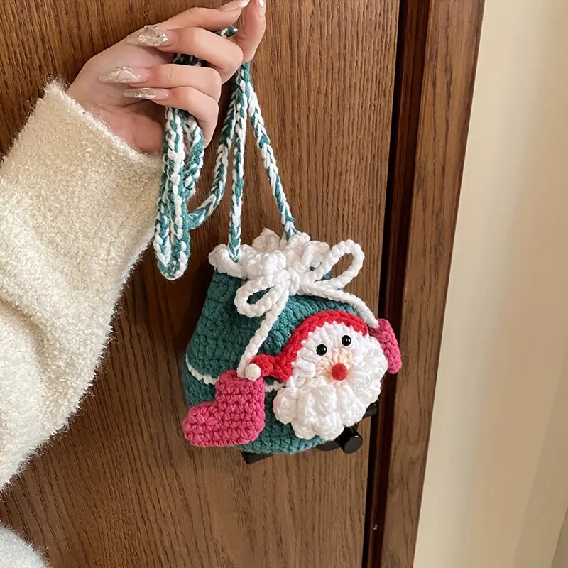 Festive Santa Claus Knit Crossbody Bag, Drawstring Design, Perfect for Christmas Gifts & Everyday Use