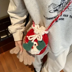 Festive Santa Claus Knit Crossbody Bag, Drawstring Design, Perfect for Christmas Gifts & Everyday Use