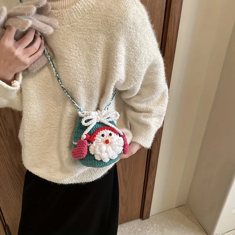 Festive Santa Claus Knit Crossbody Bag, Drawstring Design, Perfect for Christmas Gifts & Everyday Use