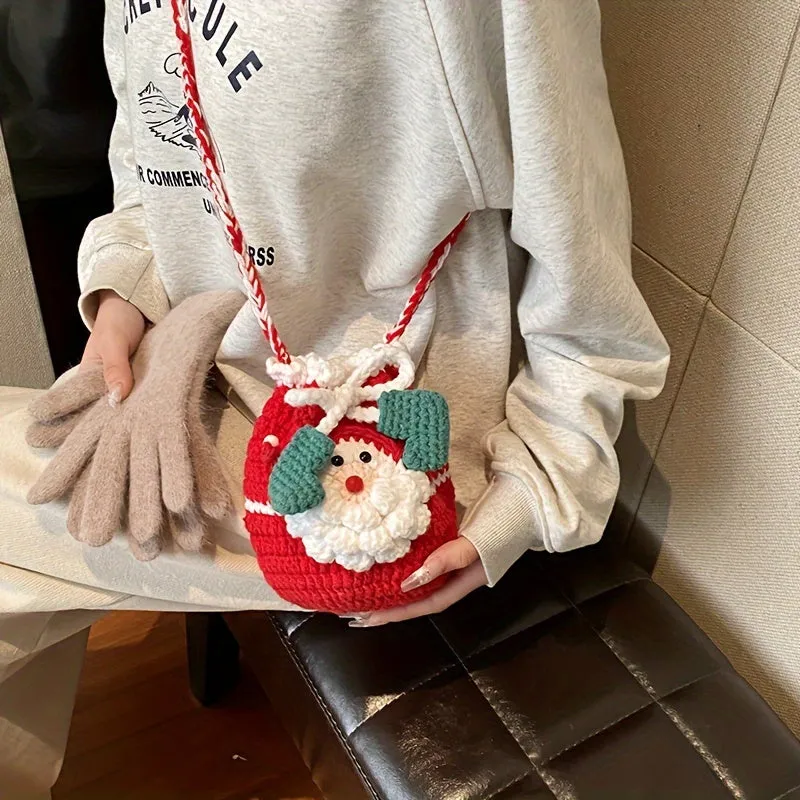Festive Santa Claus Knit Crossbody Bag, Drawstring Design, Perfect for Christmas Gifts & Everyday Use