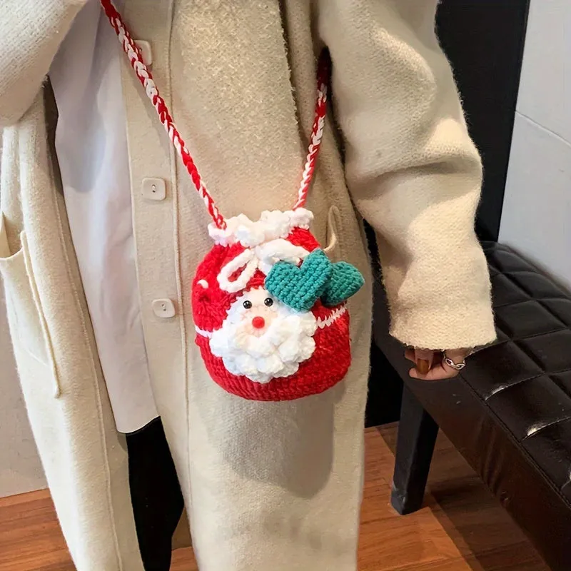 Festive Santa Claus Knit Crossbody Bag, Drawstring Design, Perfect for Christmas Gifts & Everyday Use