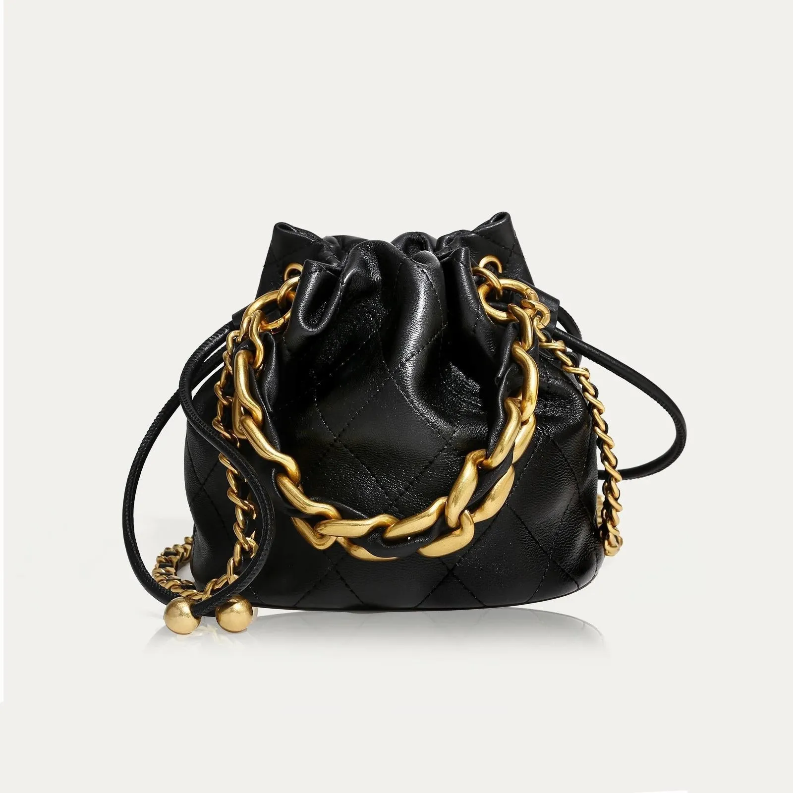 Genuine Leather Quilted Drawstring Bucket Bag