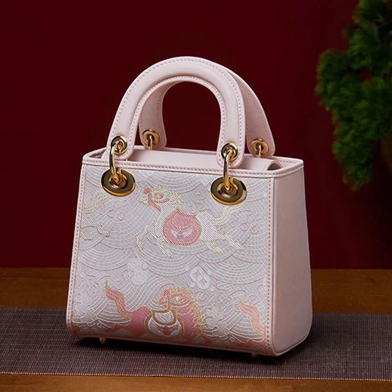 Genuine Leather Song Brocade Embroidery Mulberry Silk Square Handbag