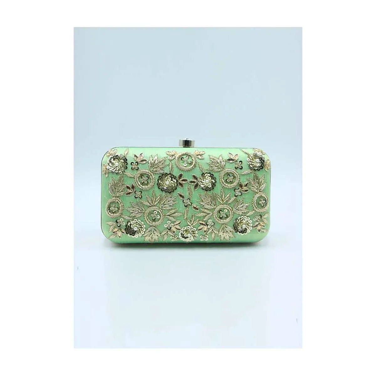 Green sling clutch bag  embellished in zardosi floral embroidery only on Kalki