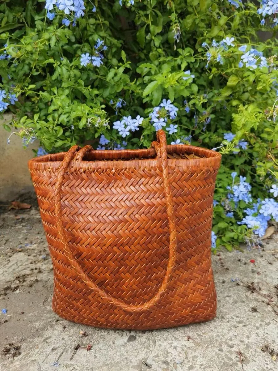 Italy Leather Woven Hobo Rectangle Tote Bag, Summer Beach Bag, Full Grain Leather Triple Jump Bamboo HandBag, Handcrafted Basket Bag