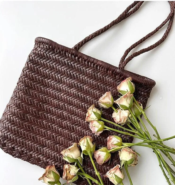 Italy Leather Woven Hobo Rectangle Tote Bag, Summer Beach Bag, Full Grain Leather Triple Jump Bamboo HandBag, Handcrafted Basket Bag