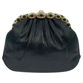Judith Leiber Black Lizard Gold Top Black Stone Clutch