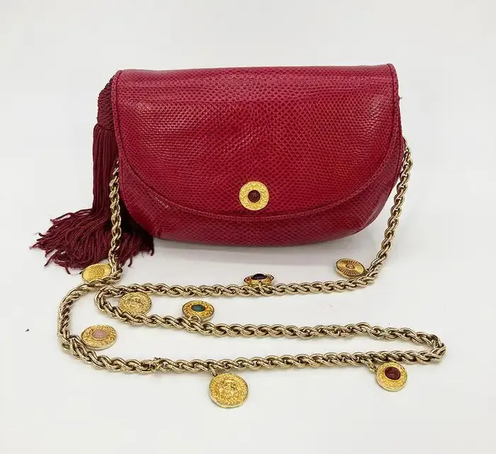 Judith Leiber Red Lizard Tassel Charm Strap Clutch Shoulder Bag