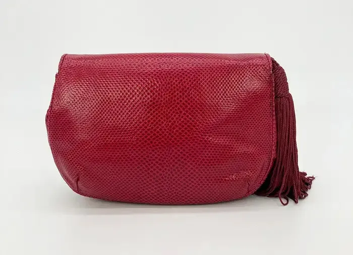 Judith Leiber Red Lizard Tassel Charm Strap Clutch Shoulder Bag