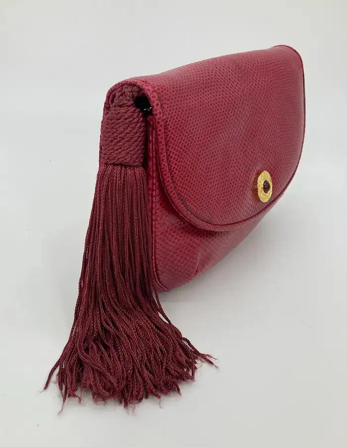 Judith Leiber Red Lizard Tassel Charm Strap Clutch Shoulder Bag