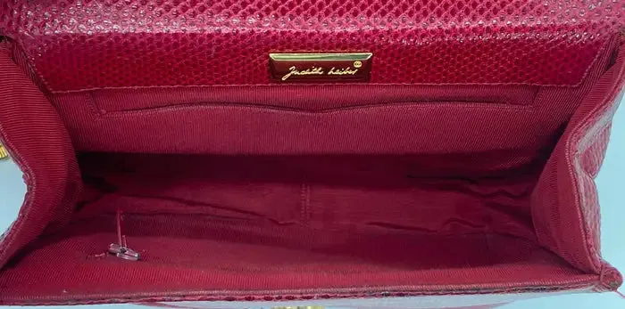 Judith Leiber Red Lizard Tassel Charm Strap Clutch Shoulder Bag