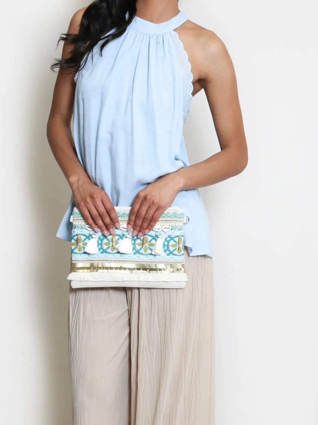 Leoni tassel shell clutch bag