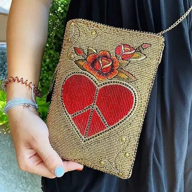 Mary Frances I Love Peace Red Heart Handbag Crossbody Phone Bag Gold Purse NEW