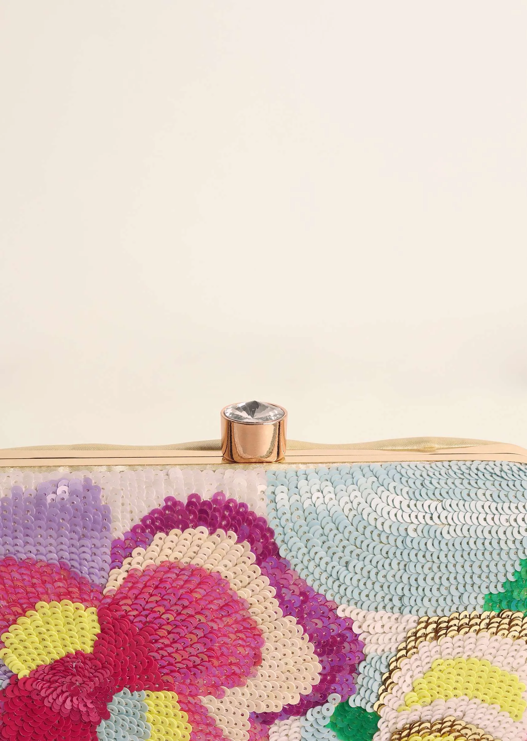 Multicolored Abstract Flower Pattern Sequins Embroidered Raw Silk Clutch