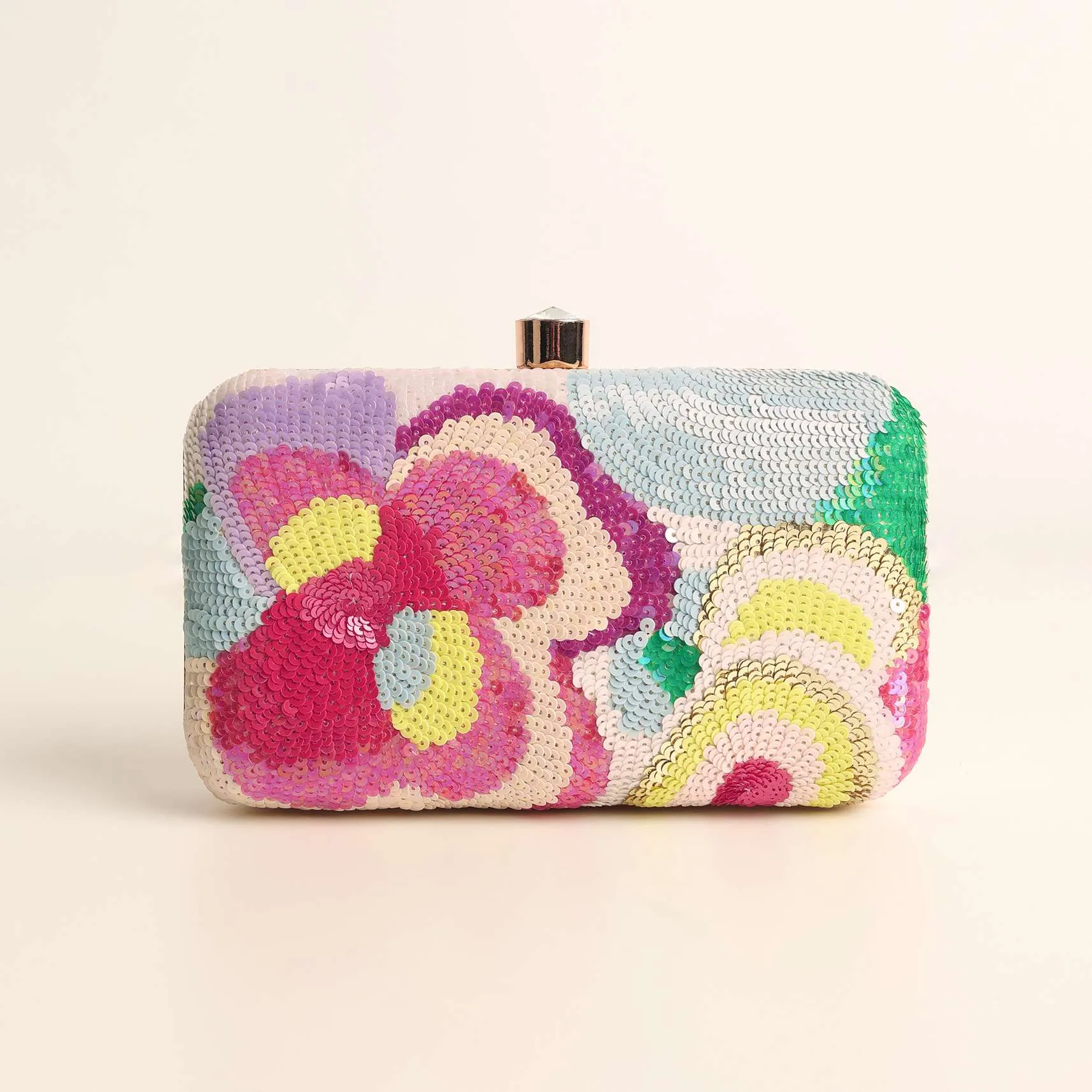 Multicolored Abstract Flower Pattern Sequins Embroidered Raw Silk Clutch