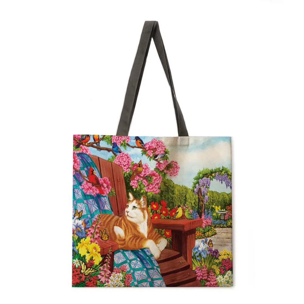 Oil painting garden cat ladies handbags ladies handbags ladies shoulder bags outdoor beach handbags fashion shopping bags