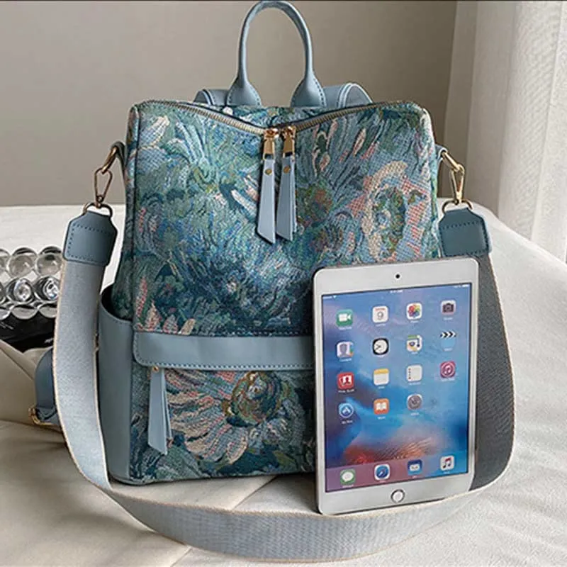 Oil Paintng Canvas Backpack Retro Houndstooth Large Student Daypack